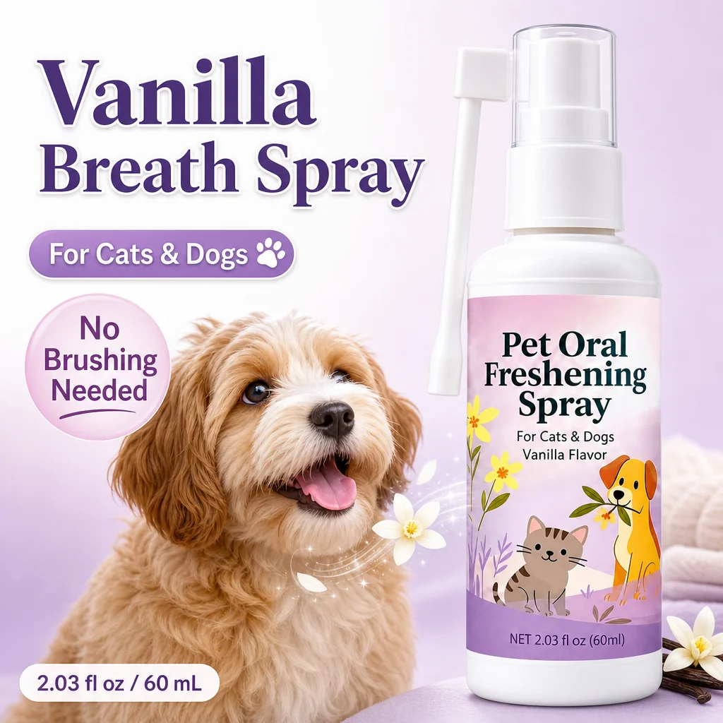 No Brushing Needed Pet Oral Freshening Spray for Cats Dogs, Vanilla Breath Spray, Bad Breath Remover, Dental Care 60ml