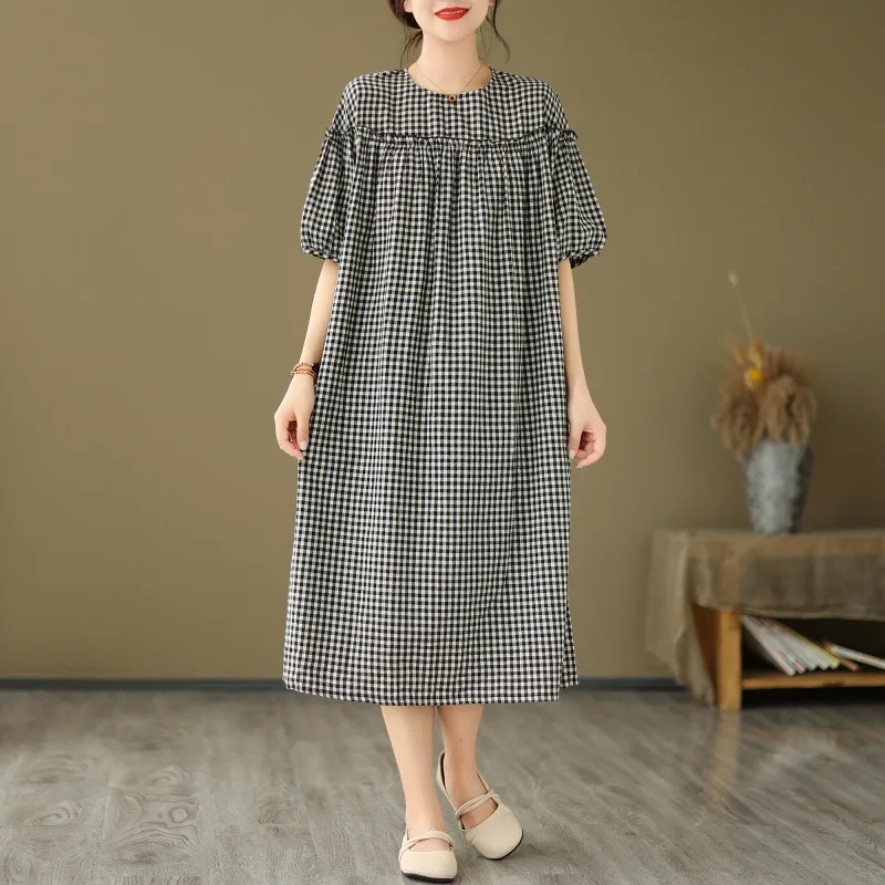 

X2038 Doll Skirt Large Size Summer Dress For Women Short Sleeve Mid Length Plaid Casual Dresses