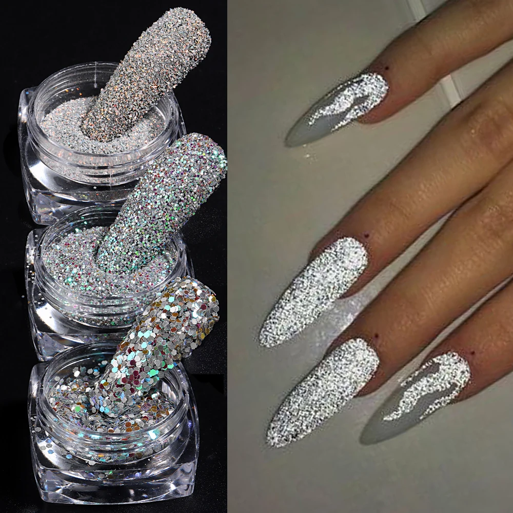 Polvo reflectante para uñas, purpurina holográfica superbrillante de plata, pigmento de uñas de espejo, polvo de inmersión para manicura, LEBFGF01