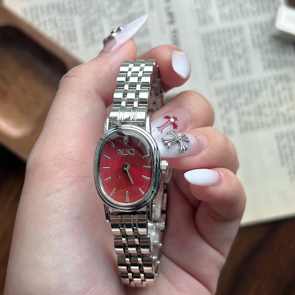 

Модные элегантные женские часы с красным овальным циферблатом, серебряным браслетом из нержавеющей стали, японским кварцевым механизмом, женские наручные часы