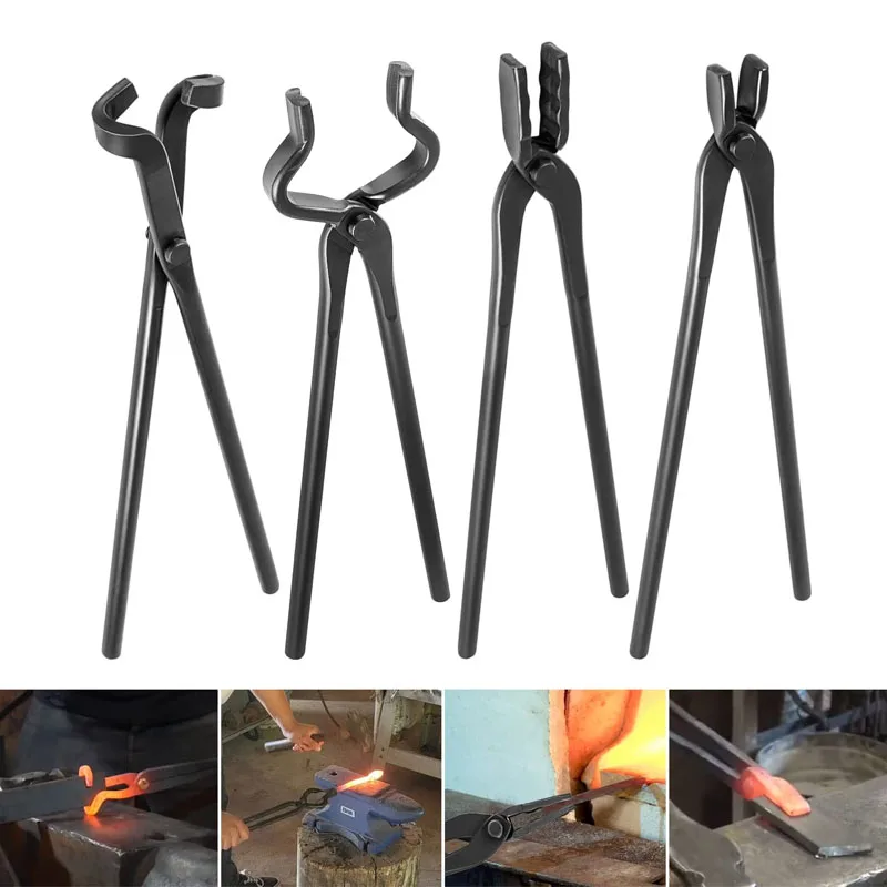 Blacksmith Bladesmith Forge Tong Tool Kit Anvil Vise Forge Includes V-Bit Tongs Wolf Jaw Tongs Flat Tongs Blade Tongs (4 Tongs)