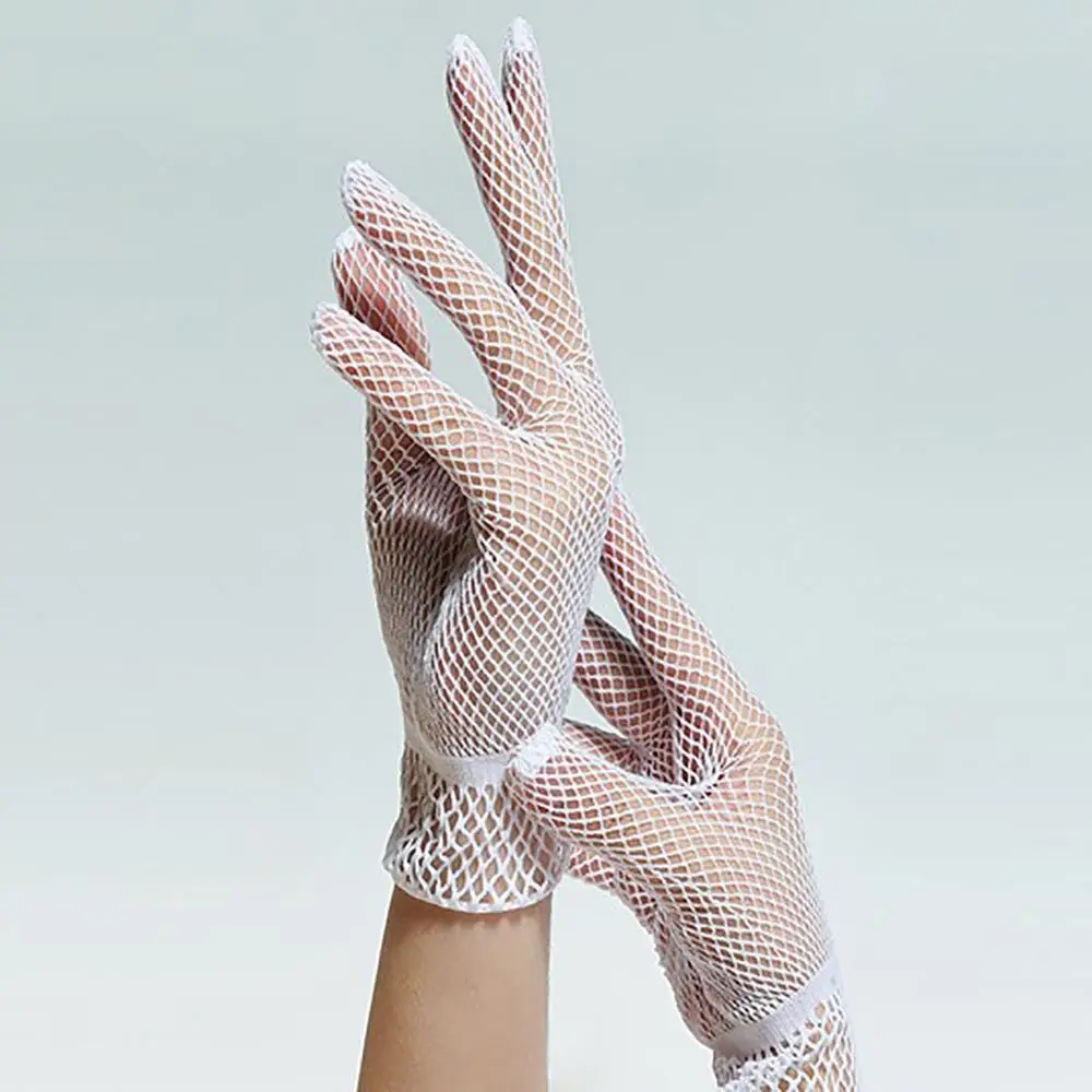 Prom Costume White Black Evening Party Accessory Nylon Mesh Fishnet Gloves Lace Finger Uv-proof Driving Bride Mittens