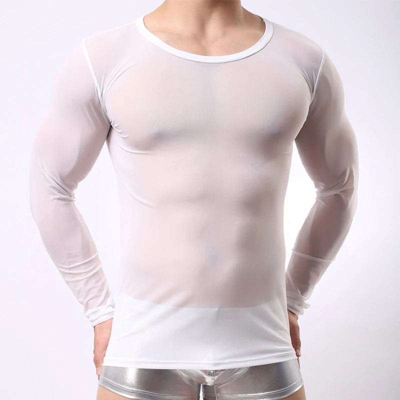 Long Sleeve Tops Men Sexy Sheer Mesh Undershirt T-shirts Autumn See Through Ultra-thin Transparent Lounge Tees Tshirt