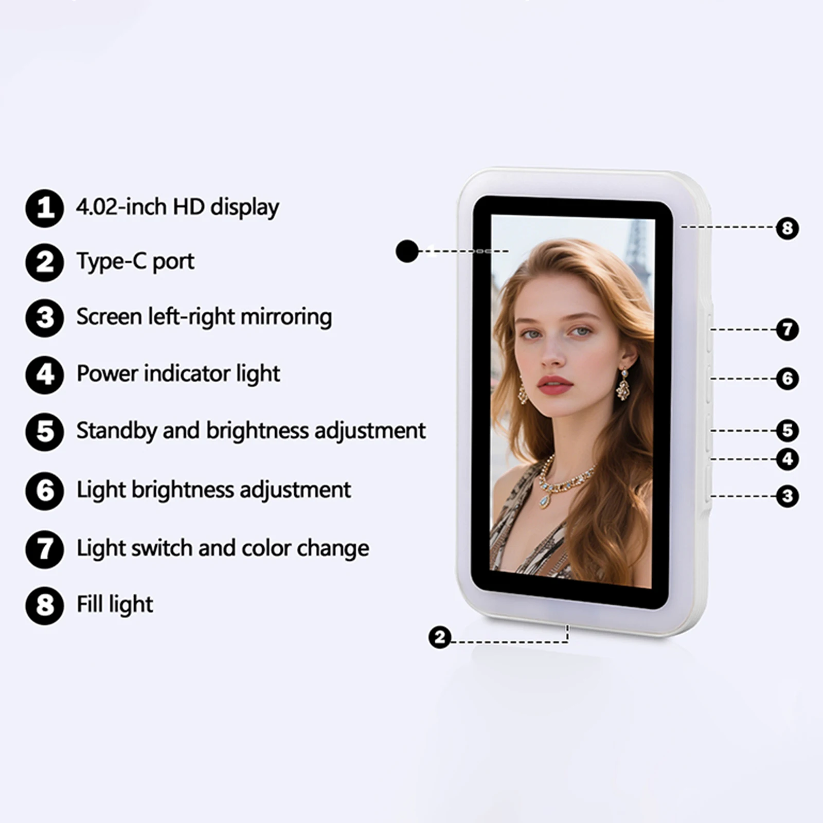 Rear Camera Selfie Display 4.02 Inch Touch Screen Zoom Control 3-Color Fill Light 4-Level Brightness IOS