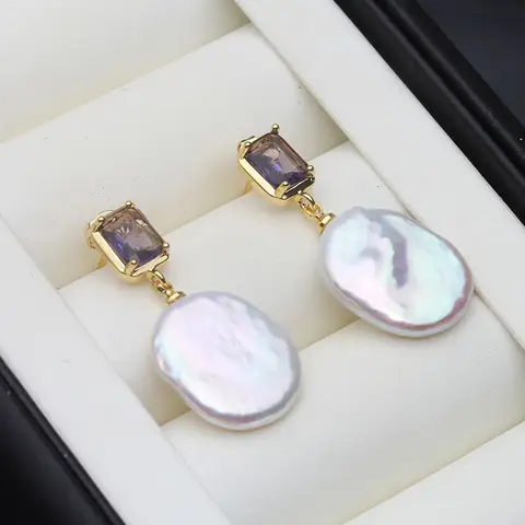 Wedding Big Baroque Pearl Earrings For Women,Real Natural Freshwater Pearl Drop Earring Wife Mothers Gift White Purple