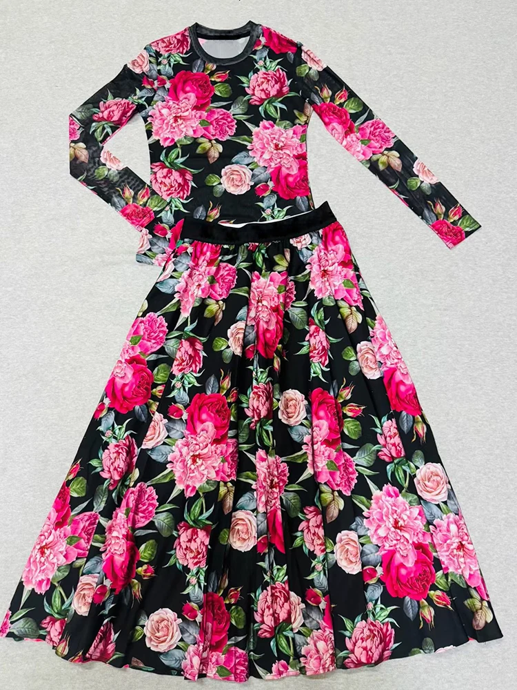 2025 الخريف المرأة الرجعية المطبوعة محبوك شبكة طويلة الأكمام تي شيرت قطعتين مجموعة مرونة الخصر فضفاض نصف تنورة مجموعة الموضة