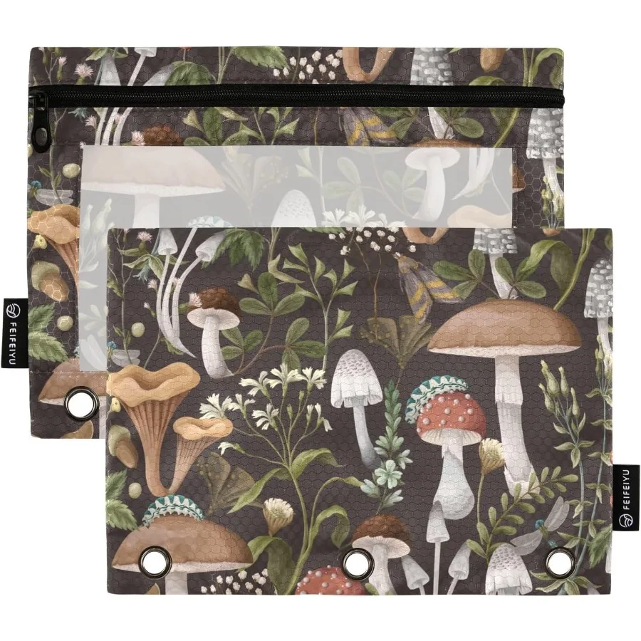 

ZAZYXTJ сумки-переплеты с грибами, 3-кольца с застежкой-молнией, прозрачное окно, офисная сумка-органайзер для школьников, принадлежности для учителей