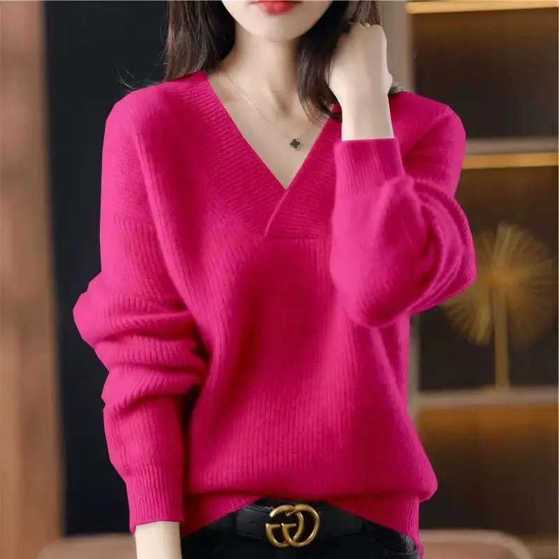 New Autumn and Winter Women Trendy V Neck Long Sleeve Soft Basic Knitted Sweater Female Solid Loose Pullover Tops Casual Jumpers