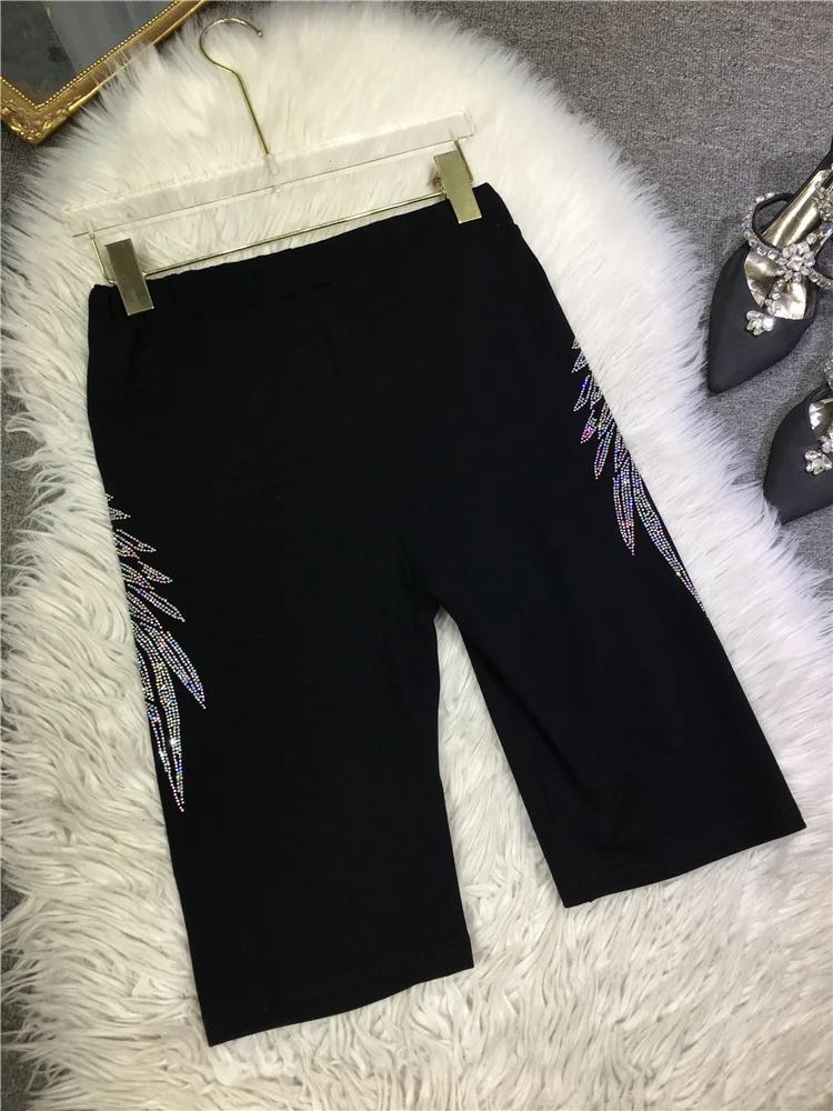 High Qaulity Big Wings Hot Drilling Women Leggings Summer Black Cotton Knee-length Pants Elastic Waist Fitness Yoga Leggings