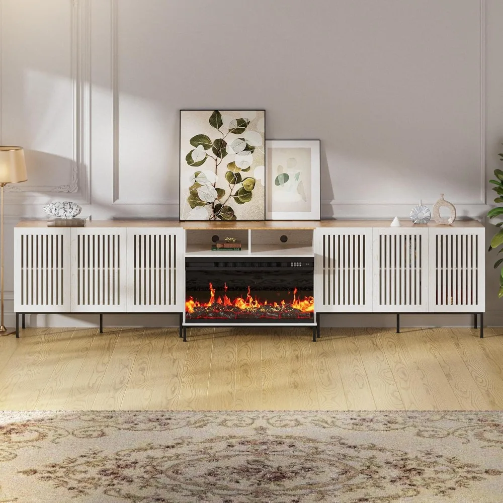 حامل تلفزيون مدفأة زجاجية ثلاثي الجوانب لأجهزة التلفاز حتى 110 بوصة، مركز ترفيه مع مدفأة كهربائية مقاس 36 بوصة، عتيق Whi