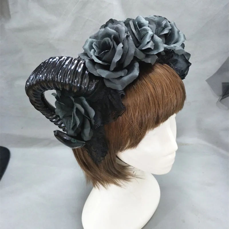 

Повязка на голову с готическими рогами для косплея, реквизит для маскарада на Хэллоуин, черные цветы, кружевной обруч для волос, головной убор, аксессуары для костюмов