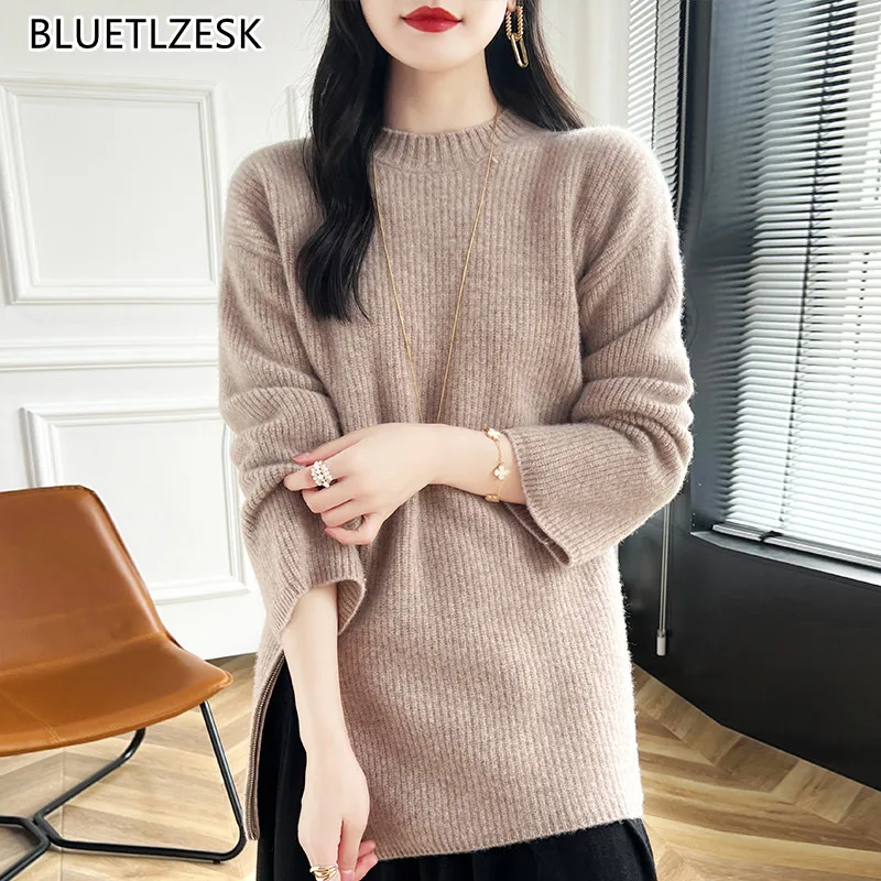 2024 Autumn/Winter New Sweater Women\'s 100% Merino Wool Knit Round Neck Pullover Medium Long Cashmere Clothing Korean Large Size