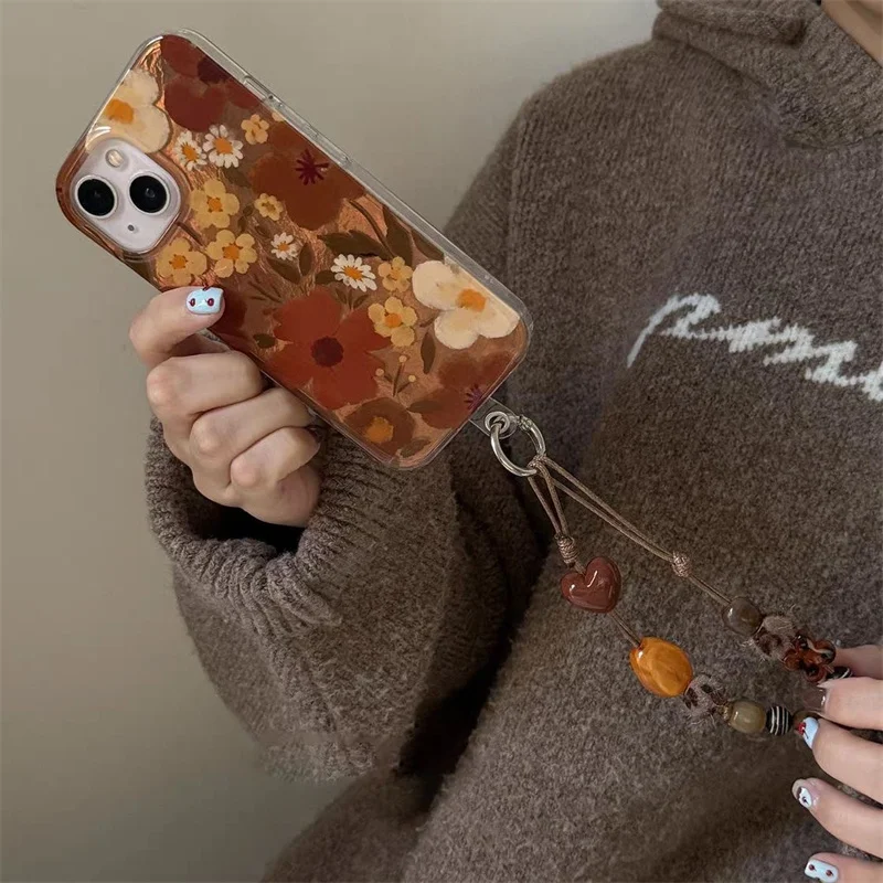 دوامة نمط IND النفط اللوحة الأصفر البني زهرة جراب هاتف مع سلسلة آيفون 11 12 13 14 15 16 17 برو ماكس