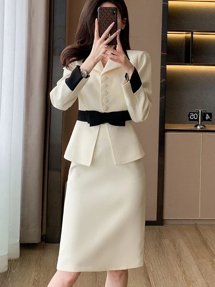 Fashion Women Casual Blazer Skirt Suit Ladies Pink Beige Long Sleeve Female Two Piece Set For Autumn Winter