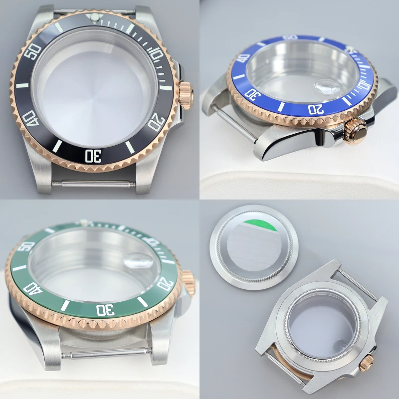 40mm Diver Watch Cases Sapphire Glass Silver Rose Gold For SUB Seiko Nh35 Nh36 Nh34/38 Eta 2824 Miyota 8205 8215 28 5mm Dial GMT