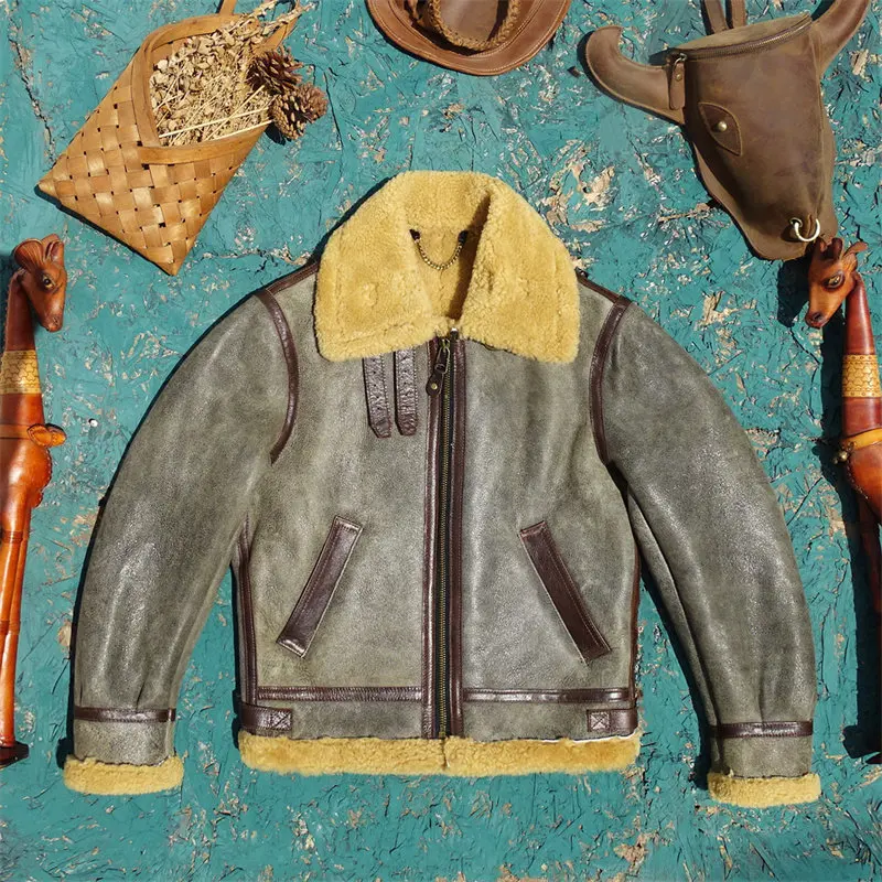 

Men B6 Flight Genuine Leather Jacket Khaki Brown Green Leather Shell Cream Fur Sheepskin Shearling Warm Coldproof Coat