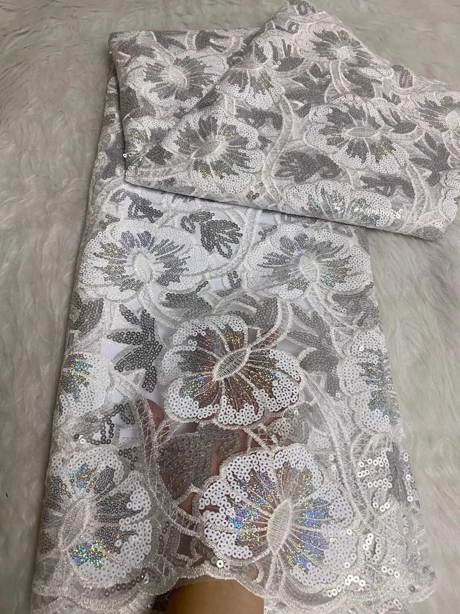 أحدث نسيج الدانتيل الشبكي الأفريقي جودة عالية Sqeuins 5 ياردة التطريز النيجيري الفرنسي تول أقمشة الدانتيل لحفل الزفاف-FY