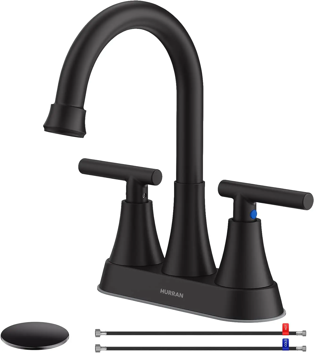 4 inch Matte Black with Pop-up Drain and 2 Supply Hoses, Stainless Steel Lead-Free 2-Handle Centerset Faucet for Sink Vanity