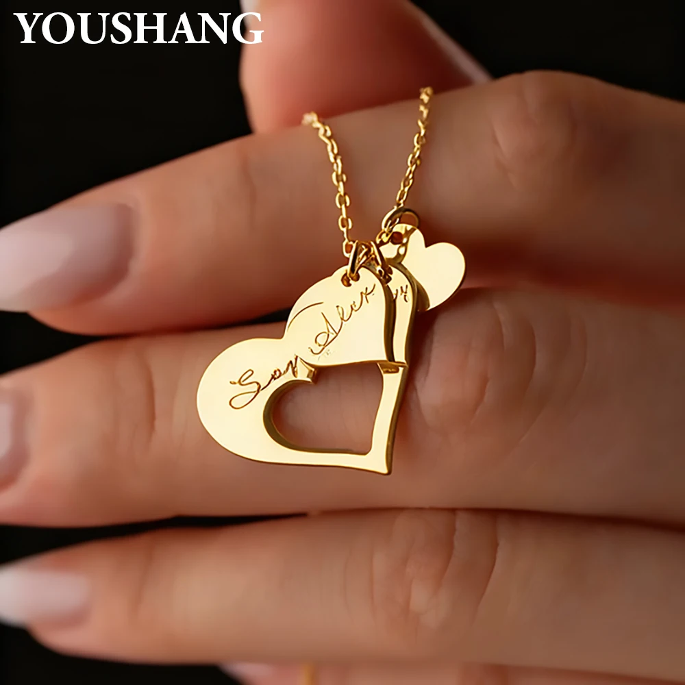 

Ожерелье с персонализированным выгравированным именем из нержавеющей стали, полый кулон с несколькими сердечками, подарки на заказ для мамы с вариантом имени ребенка