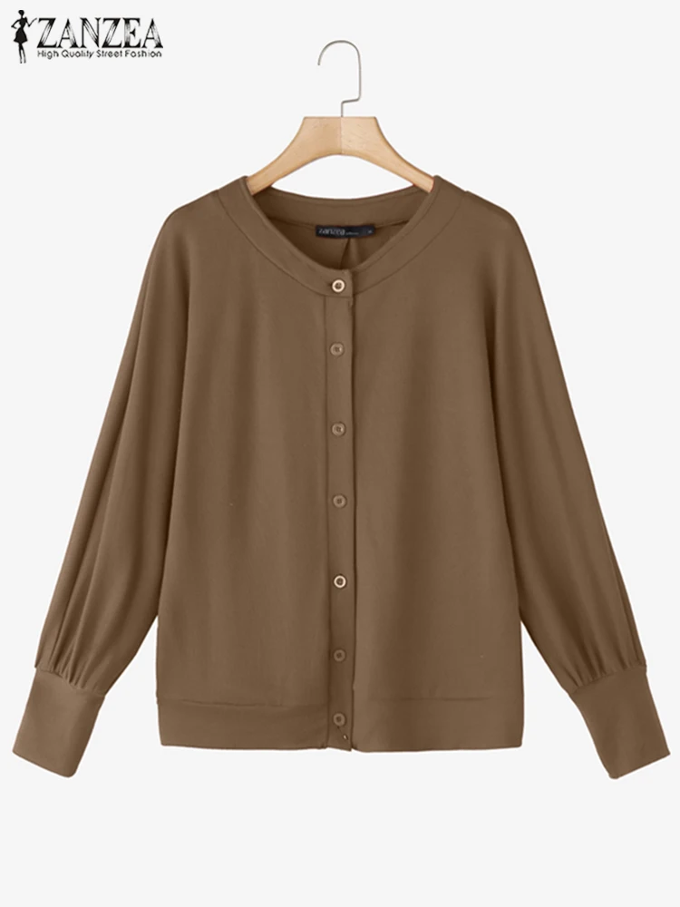 

ZANZEA 2025 Autumn Women Korean Buttons Pullovers Sweaters Fashion Solid Color Cardigan Holiday Long Lantern Sleeve Tops Tunics
