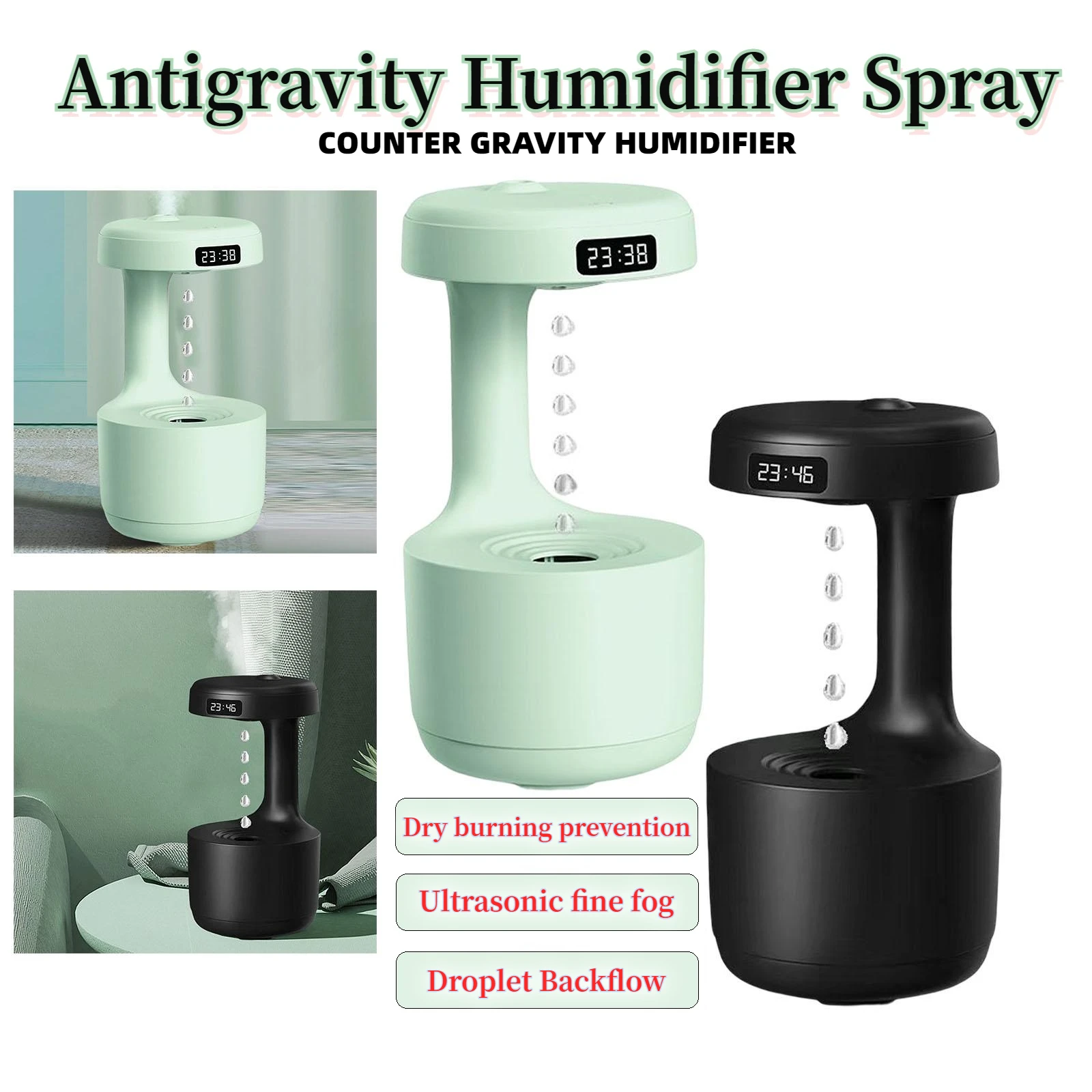 800ML Anti-Gravity Water Droplets Diffuser Air Humidifier Cool Mist Maker Fogger with LED Display Office Bedroom Desktop