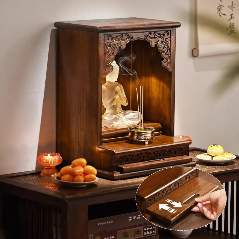 

Резной деревянный мини-столик для поклонения Будде со светодиодной подсветкой, раскладной домашний культивационный стол и портативный шафранный шкафчик с золотой фольгой для медитации