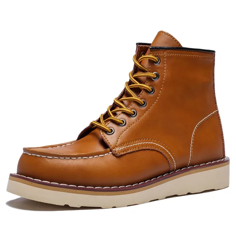 Bota redonda de couro genuíno masculina, sapato de motocicleta quente vintage, ferramental, deserto, alta qualidade, neve, primavera, inverno