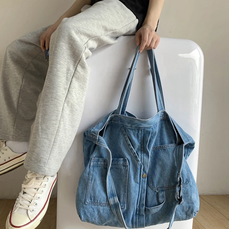 Abqr nova rede vermelha denim bolsa de ombro mensageiro casual selvagem portátil sacola de compras lona bolsa feminina azul claro