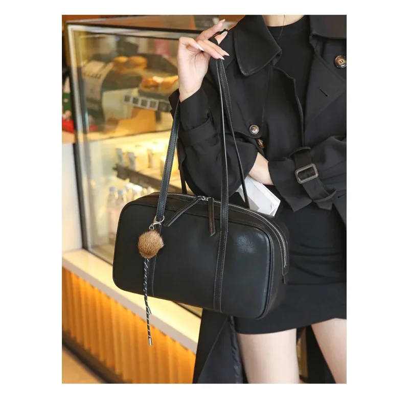 

Women's Cow Genuine Leather Shoulder Bags Ladies Fashion Designer Luxury Handbags Female Retro Commute Boston Cowhide Handbag