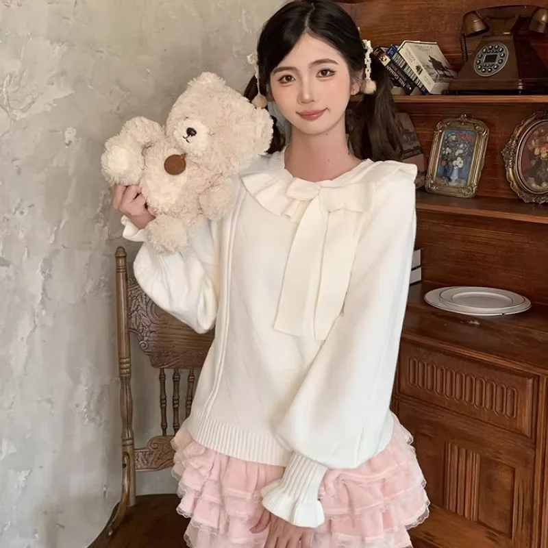 

Японский сладкий стиль Лолиты, вязаные пуловеры, женский кавайный свитер с оборками и бантом, круглым вырезом, осень-зима, женский милый трикотажный топ Y2k