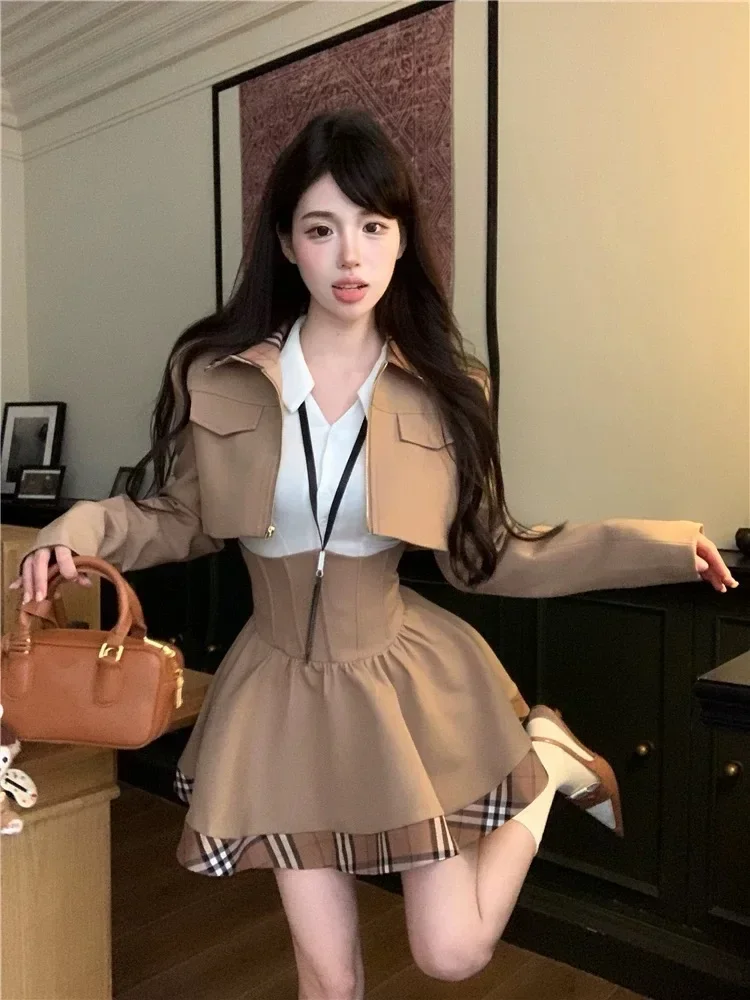 Winter Japanese Sweet New 3 Piece Sets Women Plaid Blazer Coat + Solid Blouse + Retro Skirt Set Korean Fashion Skirt Suit 2024