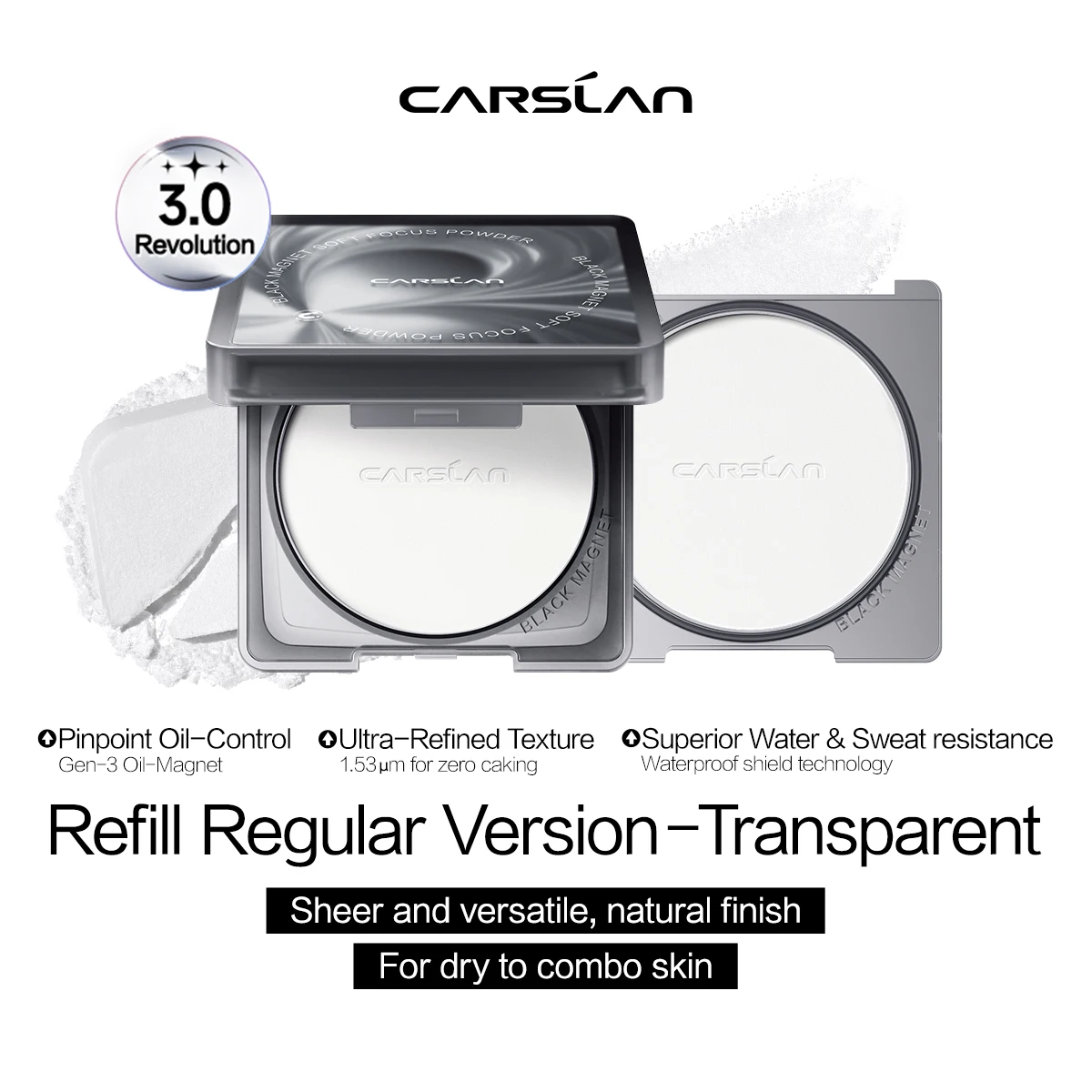 CARSLAN 3.0 Update Version Black Magnet Soft Focus Powder Replaceable 24H Longlasting Translucent Pressed Setting Powder