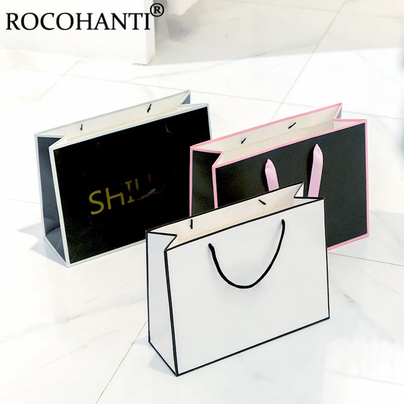 50X Custom Logo Printed Pink Paper Shopping Bag With Handle Reusable Cardborad Paper Gift Bags Clothing Shoe Packaging Bag