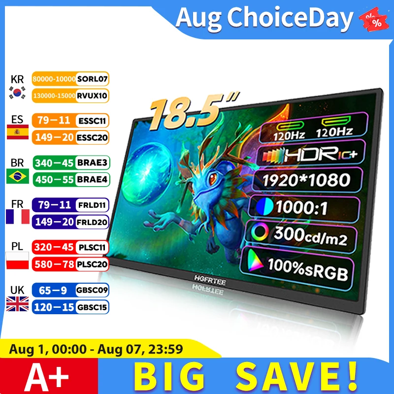 HGFRTEE 18.5인치 휴대용 모니터 ADS-IPS 120Hz RGB100% 확장 디스플레이 노트북 보조 화면 VESA 홀&스탠드 포함 썸네일 7
