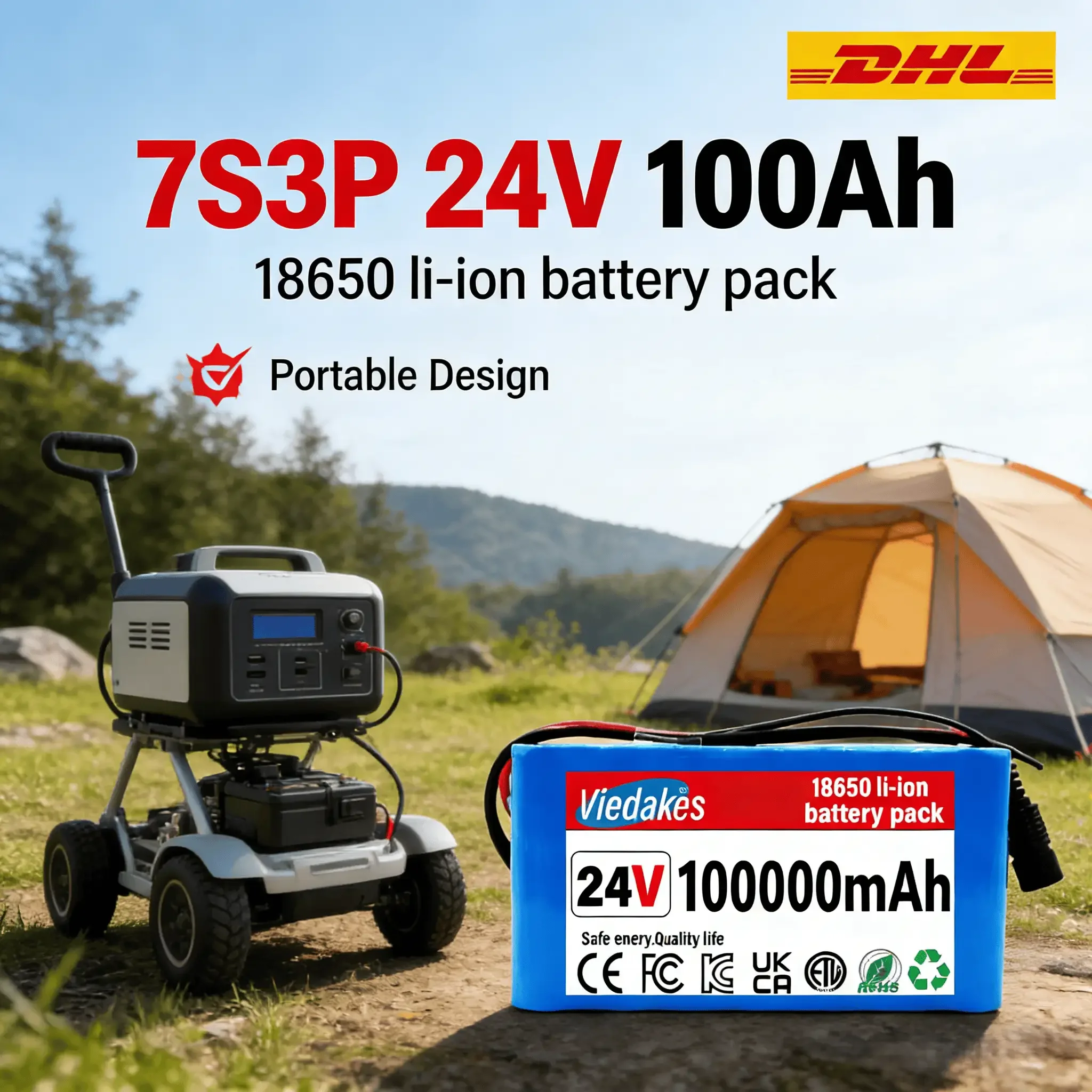 

VIEDAKES 7S3P 18650 24V 100Ah Lithium Battery High Power Battery Pack Portable Energy Storage for Solar Panel