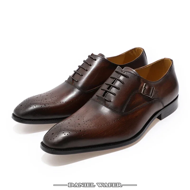 Classic Men\'s Genuine Leather Oxford Shoes Buckle Lace-Up Office Dress Wedding Brogue Pointed Toe Business Formal Shoes