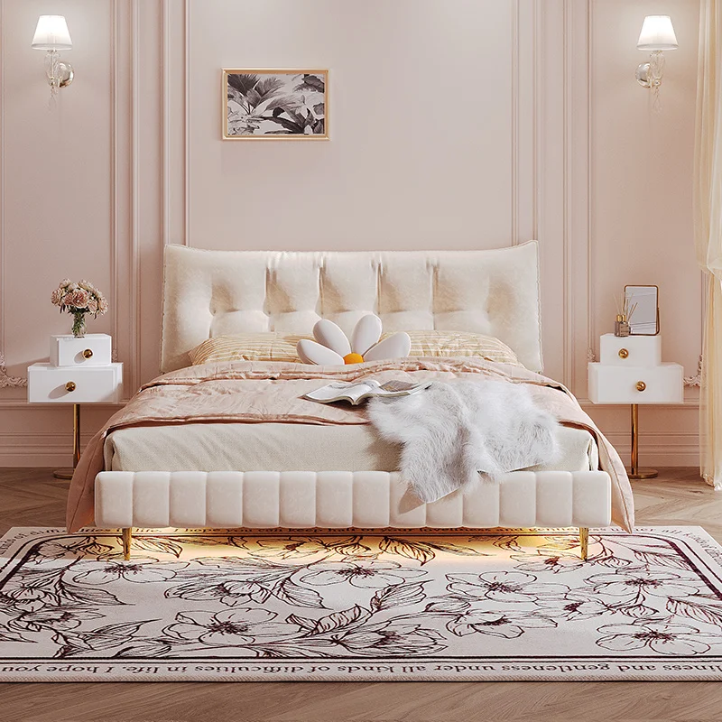 Suspension Double Bed Cream Style Bedroom Modern Simple Small Apartment Technology Flannel Internet Celebrity Fabric Bed