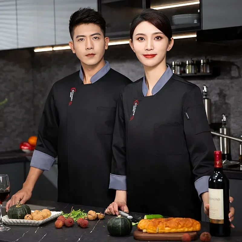 Jacket Waiter Cook Men With Logo Clothes Uniform Apron Sleeve Long Coat Chef Restaurant Hotel T-shirt Work