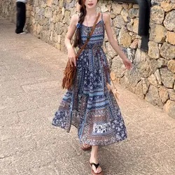 Bohemian Vintage Printed Slip Dresses Spliced Summer Waist Stylish Sashes Women's Clothing Vacation Style Folk A-Line Long Dress