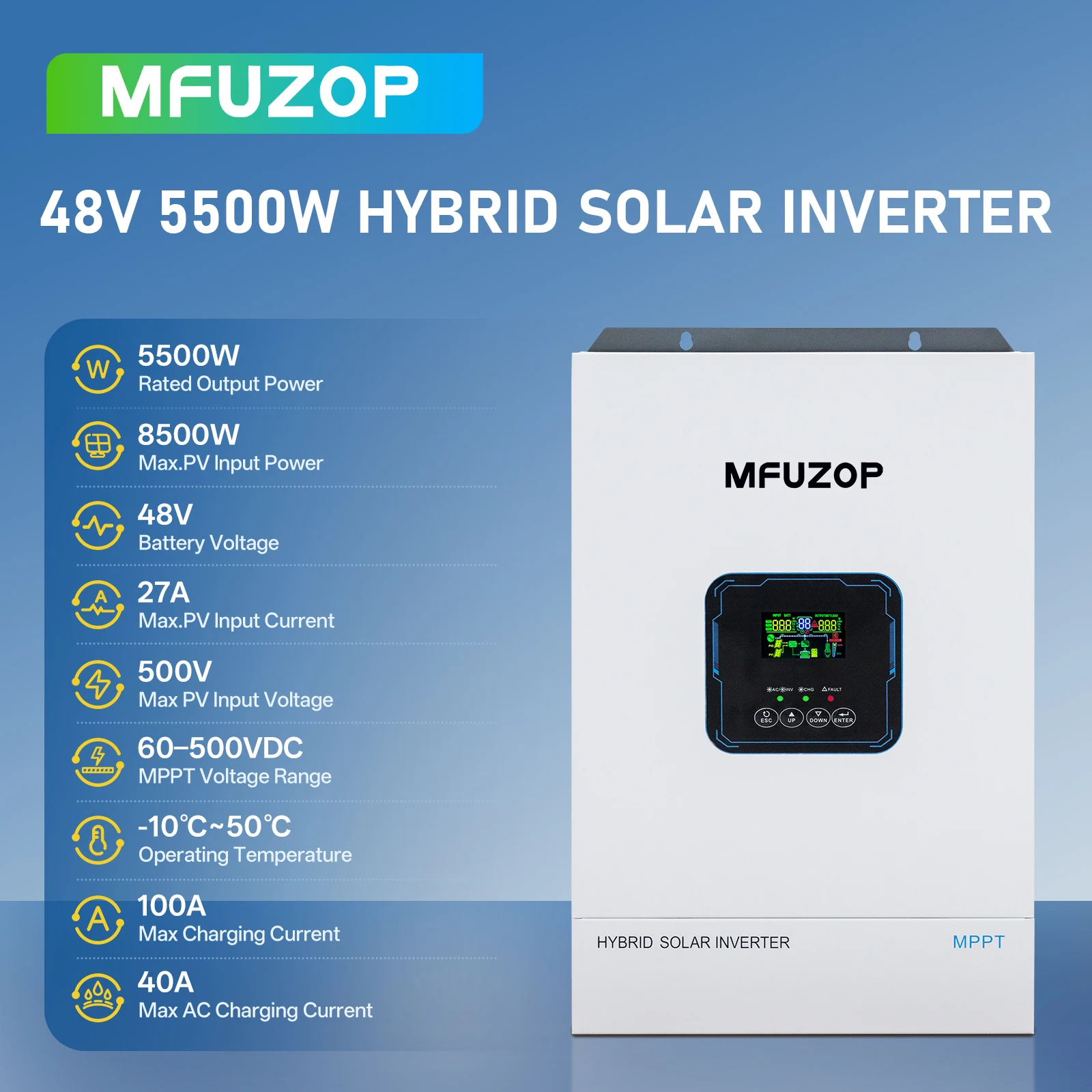 High Power 5500W Off-Grid Solar Hybrid Inverter MFUZOP MF4855U, 48V DC Convert to 110V 120V AC Pure Sine Wave Power Converter, Integrated 100A MPPT Solar Controller, 8500W Peak PV Input, Household Electrical Power Supply for Home and RV Solar System