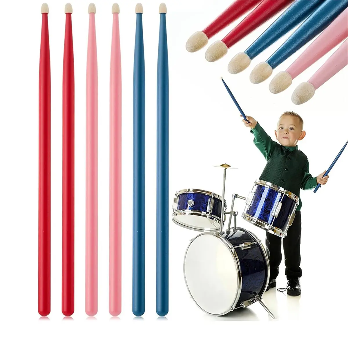 B72ABG 3 Pair Maple Wood Drumsticks for Kids Toddler Drum Sticks Colorful Drum Sticks Musical Instrument Percussion Accessories