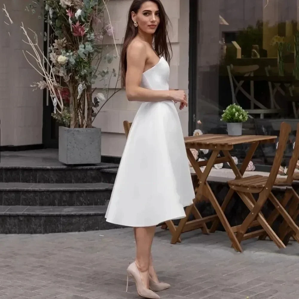 Vestido de casamento branco simples curto em linha a feminino, cetim sem alças, vestidos de baile, sem costas, plissado, luxo, 2024