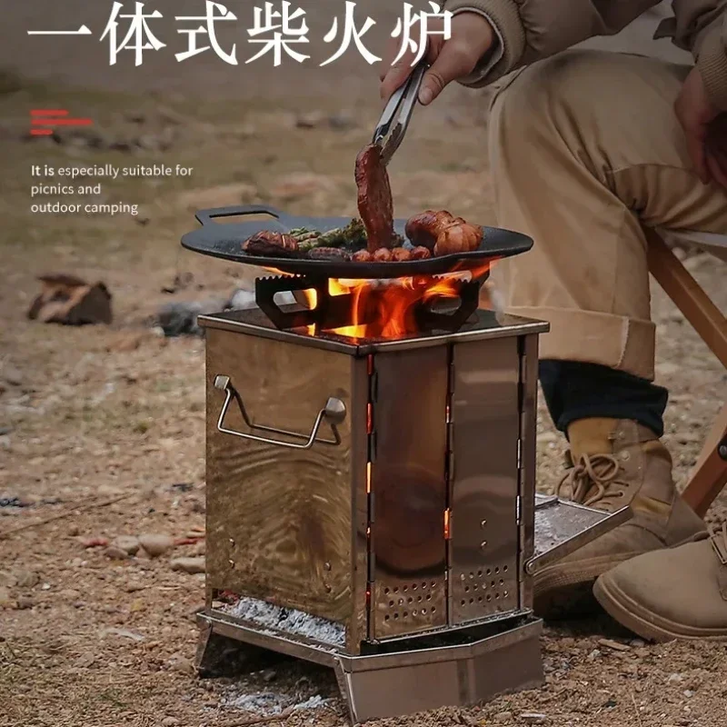 Square Portable Foldable Stainless‑Steel Wood‑Burning Stove Charcoal BBQ Grill Outdoor Camping Picnic Travel Cooking Camp Gear