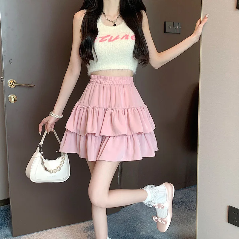 Women Tiered Ruffle Mini Skirt High Waist Elastic 3 Layer A-line Short Skirt Solid Color Sweet Casual Summer Skirt