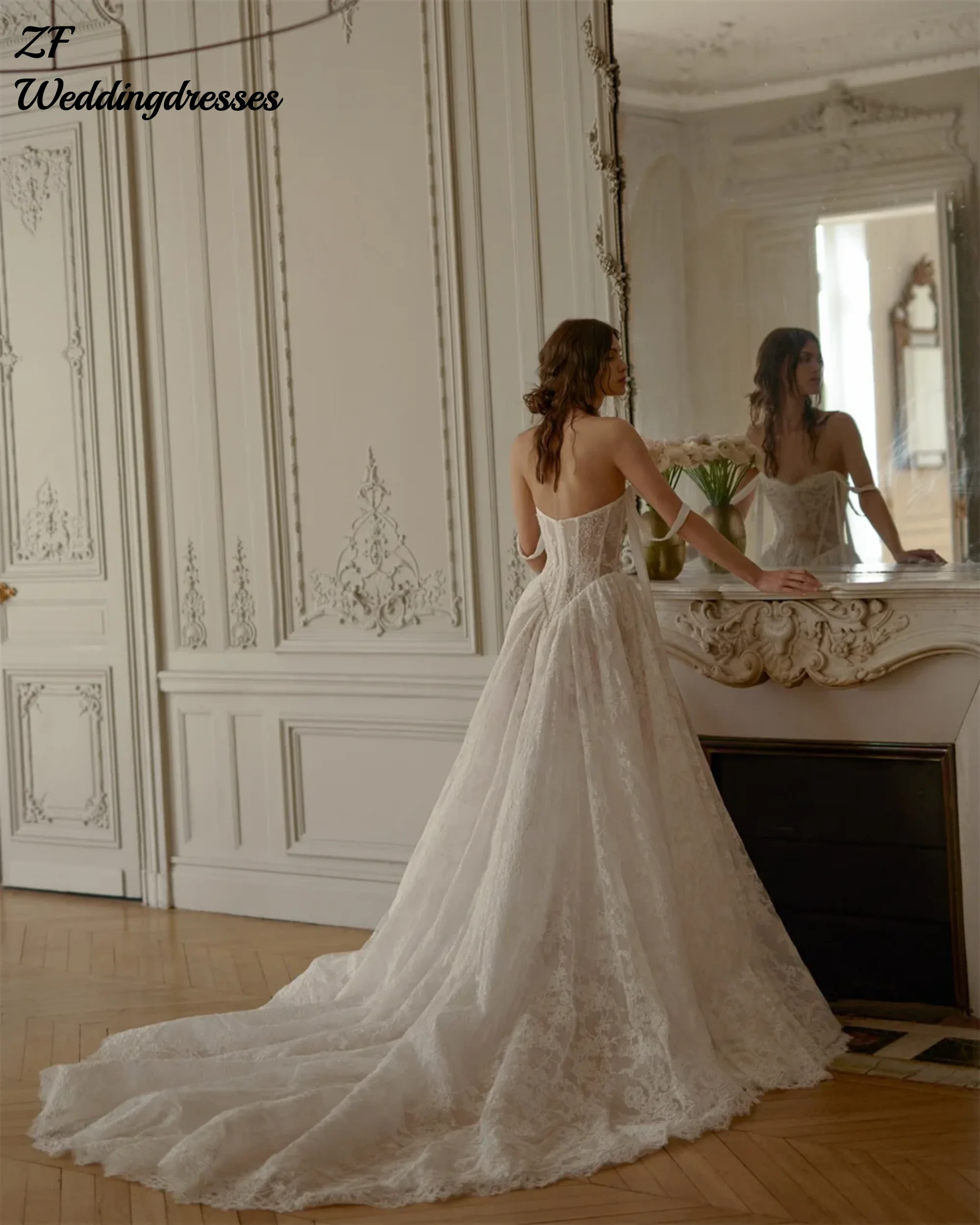 Customize Ivory Lace Appliques Off Shoulder Wedding Dress A-Line Long Train  Zip Back  vestidos de novia