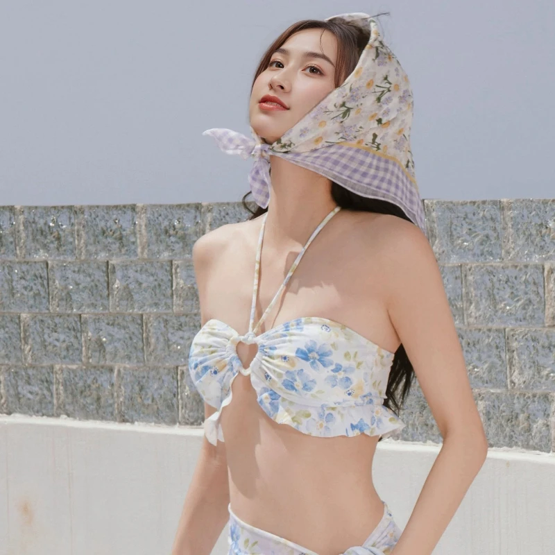 French Style 3 Piece Bikini Set Women Halter Neck Push Up Padding High Waisted  Beach Cover Up for Resort Hot Spring Vacation