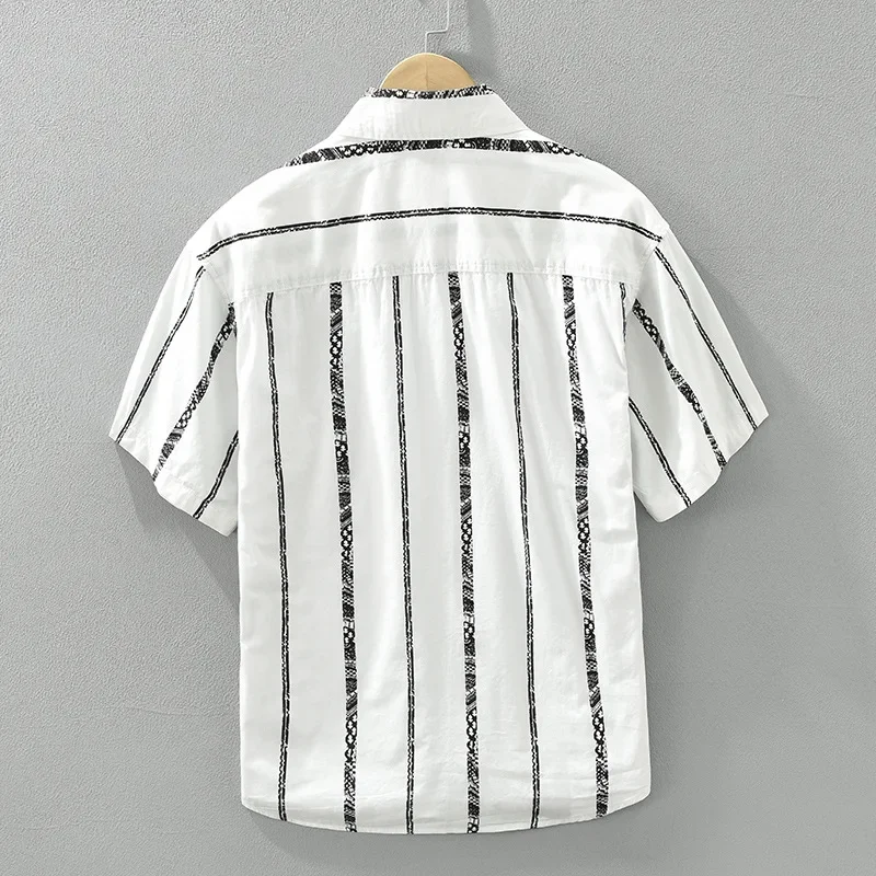 Japanese Short Sleeve Striped Shirts Man Summer Daily Casual Loose Shirt Lapel Pure Cotton Shirts Youth Simple Men's Clothing
