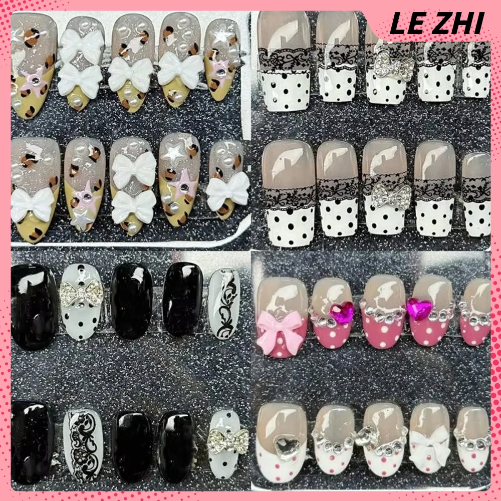 

10Pcs Sweet Cool Handmade Almond Square Round Press On Nails Diamond Bowknot Lace French Polka Point Full Cover Nail