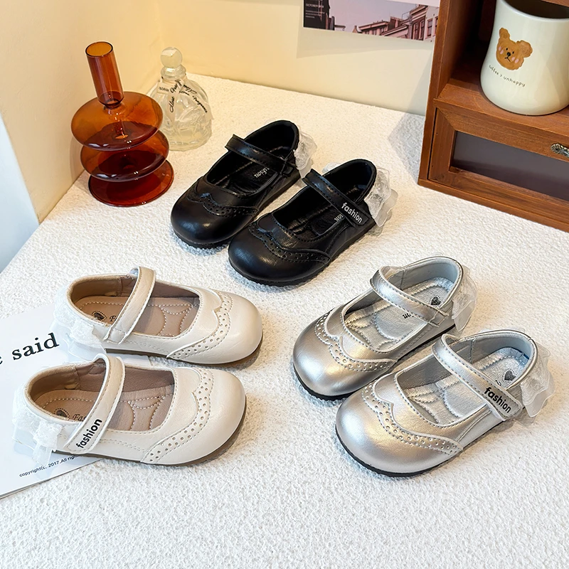 

New Fashion Girls Ballet Shoes Spring Autumn Elegant Princess Sweet Kids Leather Shoes Causal Children's Lace Dress Flat Shoes