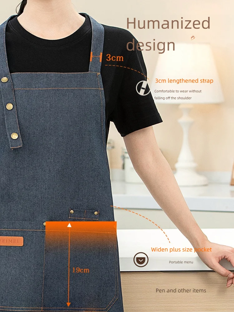 Durable Denim Hanging Neck Chef Apron for Dining West Restaurant Coffee Master Milk Tea Shop Supermarket Staff Uniform